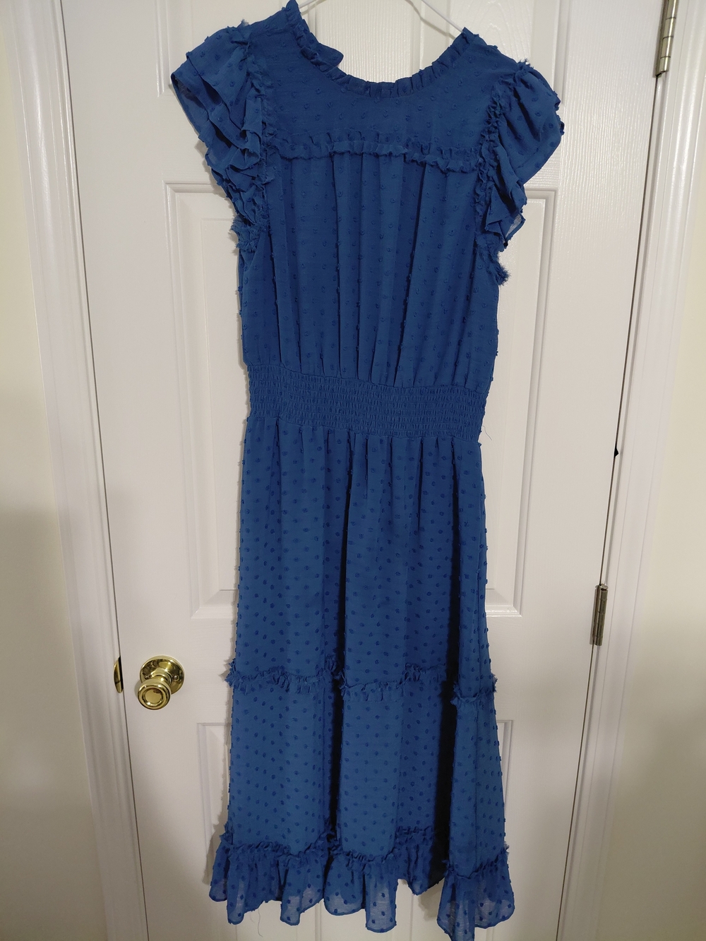 CeCe Royal Blue Ruffled Swiss Dot Midi Dress